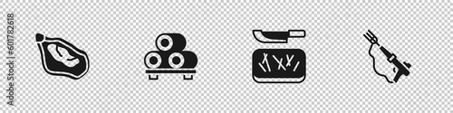 Set Mussel, Sushi on cutting board, Cutting and knife and Fishing harpoon icon. Vector