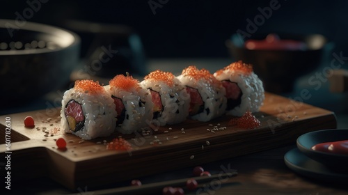 Sushi rolls, japanese asian healthy food, restaurant serving, ai generative