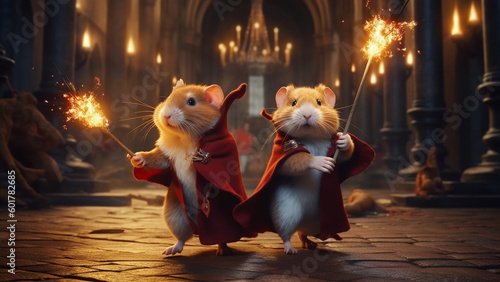 Hamsters in Hogwarts, wizard pet with flame magic, magical duo trying to learn fire magic incendio. Funny animals, AI art. photo