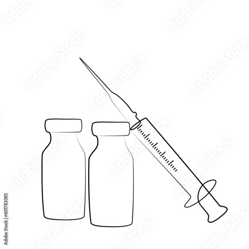 continuous one line drawing of syringe and bottles. vaccination vector illustration