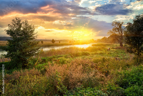 Evening landscape over the Khorol River and green meadows of Poltava region, Ukraine