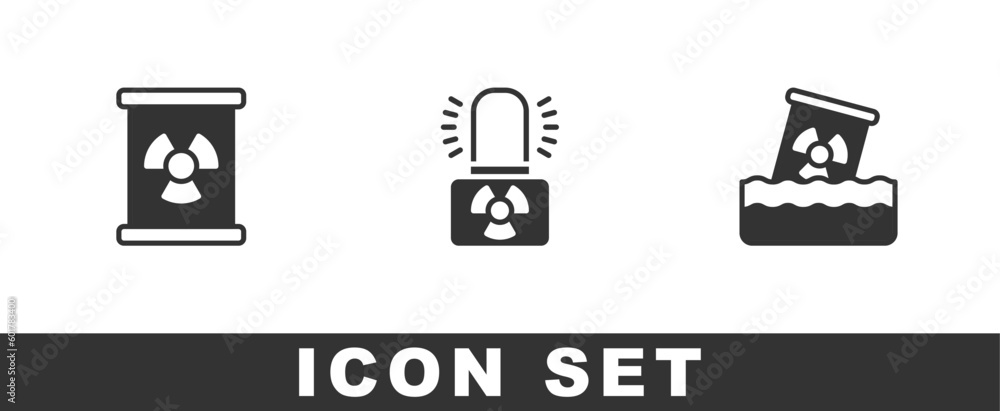 Set Radioactive waste in barrel, warning lamp and icon. Vector Set Radioactive waste in barrel, warning lamp and icon. Vector