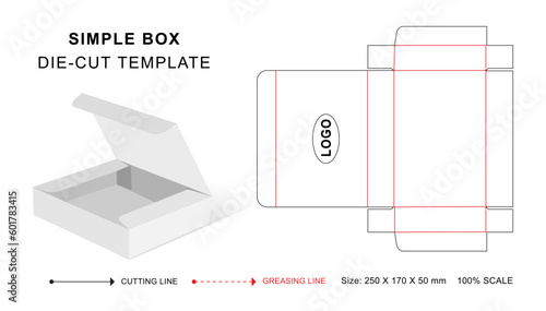 Simple box die cut template with 3D blank vector mockup for food packaging