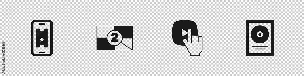 Obraz premium Set Buy cinema ticket online, Old film movie countdown frame, Online play video and CD disk award icon. Vector