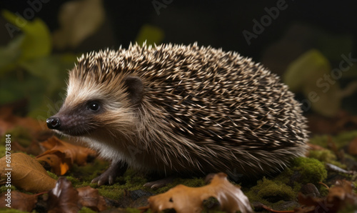 photo of hedgehog in its natural habitat. Generative AI