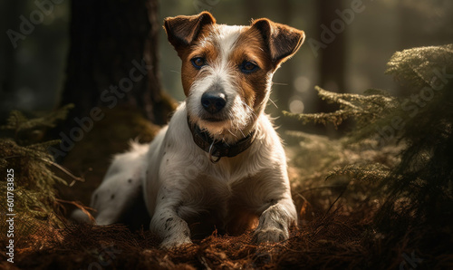 photo of Jack Russell Terrier sitting on a forest path. Generative AI