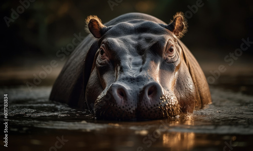 close up photo of hippopotamus on blurry natural background. Generative AI © Bartek