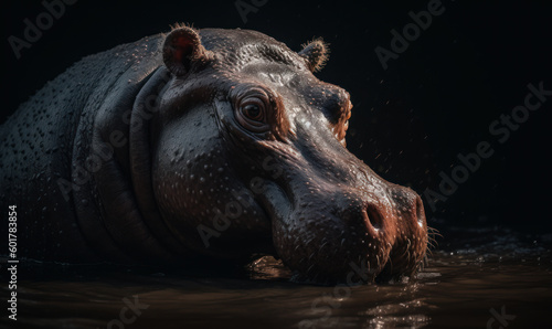 Photo of hippopotamus submerged in murky water, showcasing its massive bulk and wrinkled skin. Generative AI