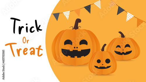 Happy halloween banner trick or treat poster. Halloween pumpkin with flag on orange background. Vector illustration