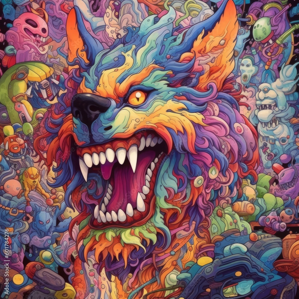 Highly detailed trippy wolf, scary colors, psychedelic. Generative AI Highly detailed trippy wolf, scary colors, psychedelic. Generative AI