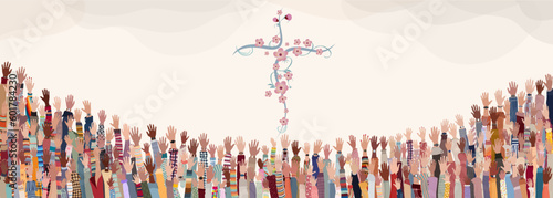 Group of many Christians people with raised hands praying or singing. Christianity in the world.Christian worship.Concept of faith and hope in Jesus Christ. Background with floral cross