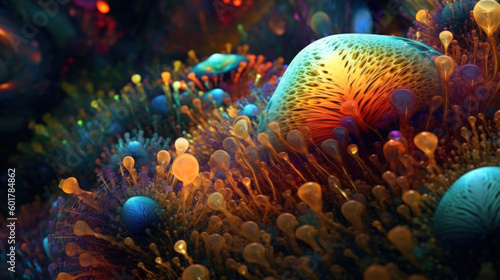 Surreal coral reef on an alien sea. Generative Ai