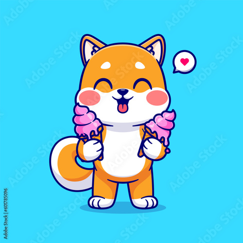 Cute Shiba Inu Holding Ice Cream Cartoon Vector Icon Illustration. Animal Food Icon Concept Isolated Premium Vector. Flat Cartoon Style