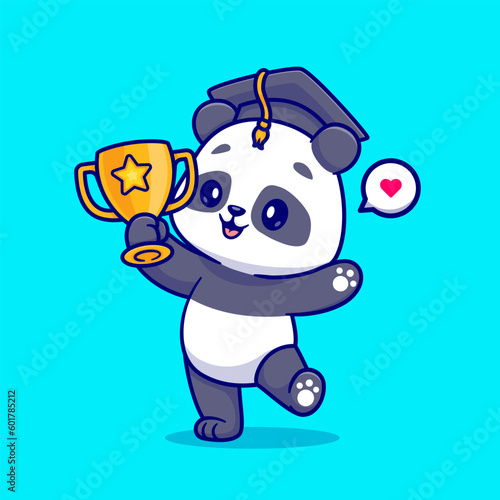 Cute Panda Holding Gold Throphy Cartoon Vector Icon Illustration. Animal Education Icon Concept Isolated Premium Vector. Flat Cartoon Style