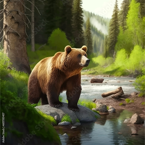 Brown bear on the river bank. Bear in the green forest.
