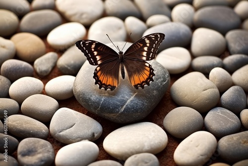 Butterfly on spa massage stones in the zen garden. Generative AI