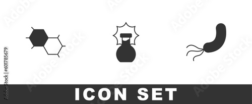 Set Chemical formula, Explosion in the flask and Bacteria icon. Vector
