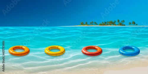 Tropical sandy beach and safety rings, inflatables in turquoise blue water. Top View. Ai Generative illustration