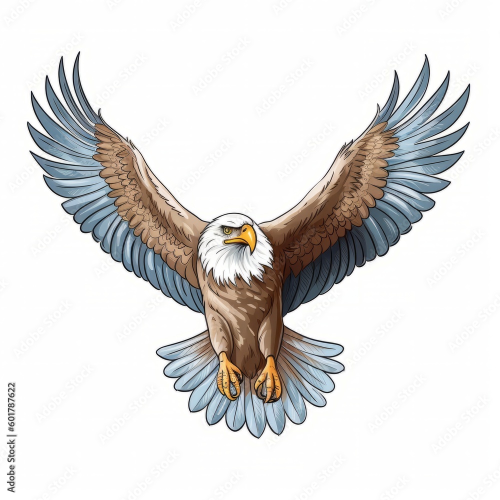 Obraz premium An vector illustration of a majestic eagle, soaring through the sky with its wings spread wide on white background. Printable design for tattoo, wall art, posters, t-shirts, mugs, cases. Generative AI
