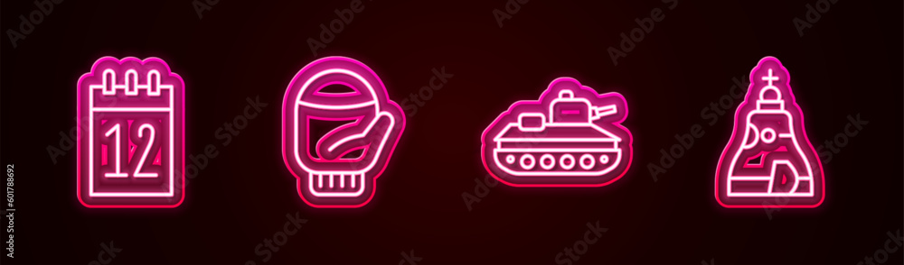 Set line Calendar 12 june, Christmas mitten, Military tank and The Tsar bell. Glowing neon icon. Vector Set line Calendar 12 june, Christmas mitten, Military tank and The Tsar bell. Glowing neon icon. Vector