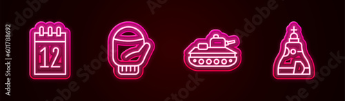 Set line Calendar 12 june, Christmas mitten, Military tank and The Tsar bell. Glowing neon icon. Vector