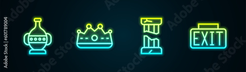 Set line Ancient amphorae, King crown, Broken ancient column and Exit sign. Glowing neon icon. Vector