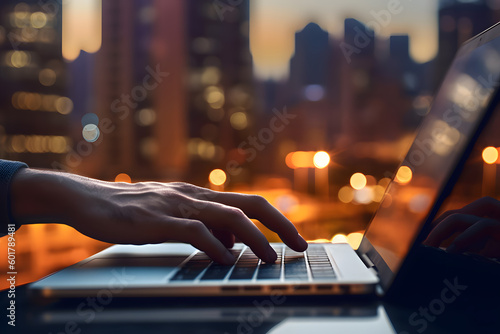 business man typing on a keyboard with cityscape in the background - generative ai