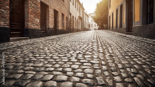 A cobblestone street in a small town. 
