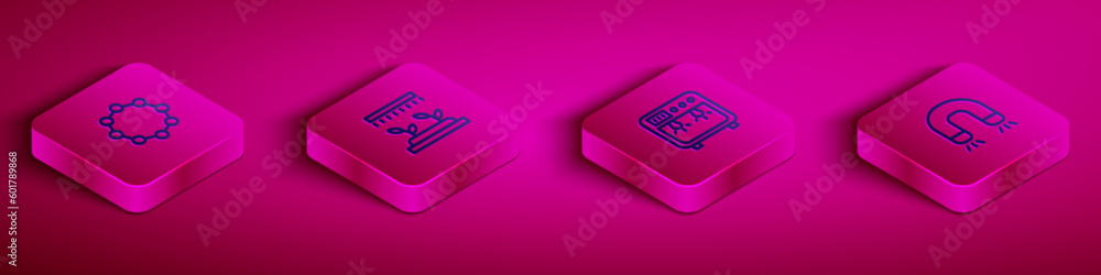 Set Isometric line Chemical formula, Automatic irrigation sprinklers, Biosafety box and Magnet icon. Vector Set Isometric line Chemical formula, Automatic irrigation sprinklers, Biosafety box and Magnet icon. Vector