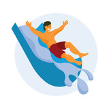 Man swimming on inflatable mattress in pool. Cartoon vector illustration.