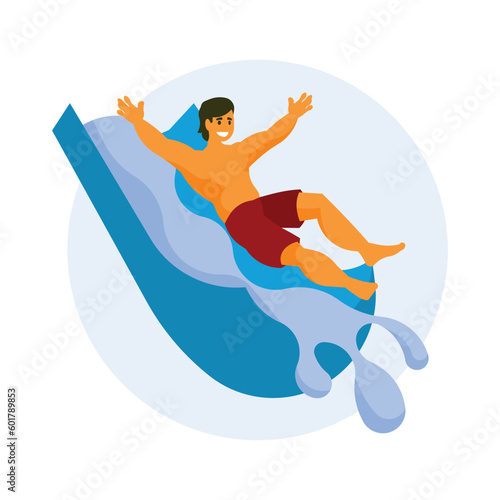 Man swimming on inflatable mattress in pool. Cartoon vector illustration.
