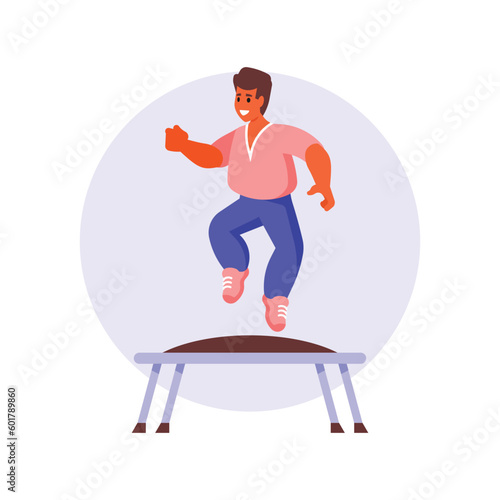 Fat man jumping on trampoline. Vector illustration in flat style