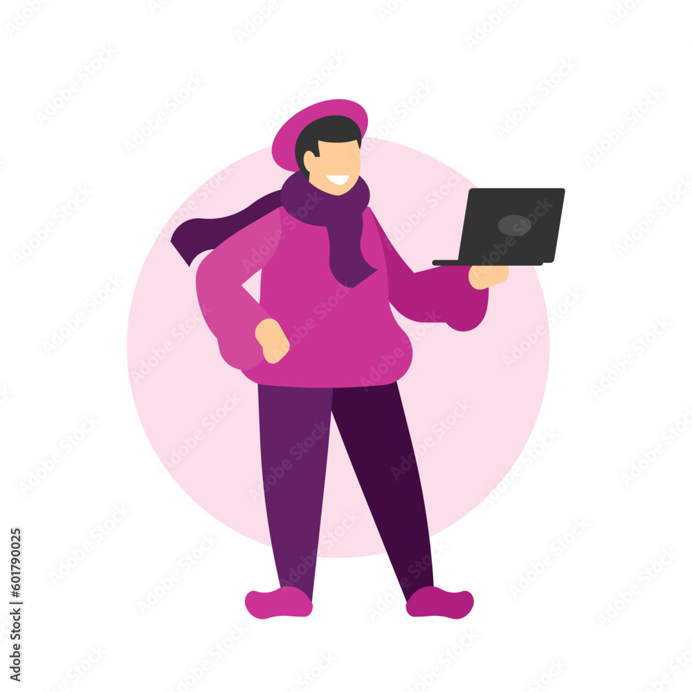 Vector illustration of a girl in winter clothes with a laptop in her hands.