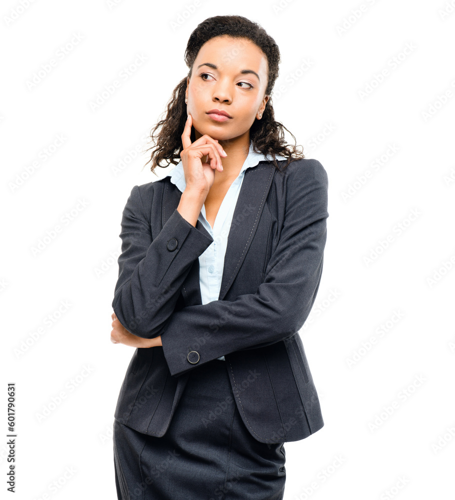 Business woman, thinking finger hand on isolated white background in finance growth goals, target or future vision. Corporate, worker or employee suit and ideas, financial strategy planning or mockup Business woman, thinking finger hand on isolated white background in finance growth goals, target or future vision. Corporate, worker or employee suit and ideas, financial strategy planning or mockup