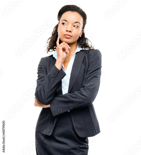 Business woman, thinking finger hand on isolated white background in finance growth goals, target or future vision. Corporate, worker or employee suit and ideas, financial strategy planning or mockup