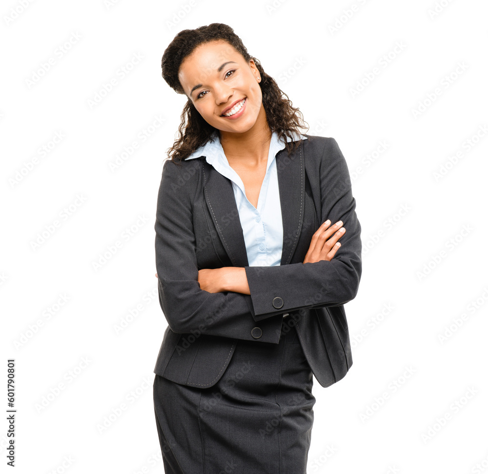 Business employee, portrait or arms crossed on isolated white background in future ideas, vision goals or success mindset. Smile, happy or confident corporate woman in suit or financial growth target Business employee, portrait or arms crossed on isolated white background in future ideas, vision goals or success mindset. Smile, happy or confident corporate woman in suit or financial growth target