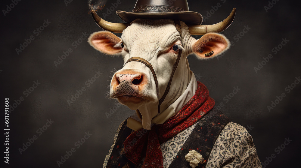 Cow Couture: A Fashion-Forward Bovine Sporting a Stylish Hat. Generative AI