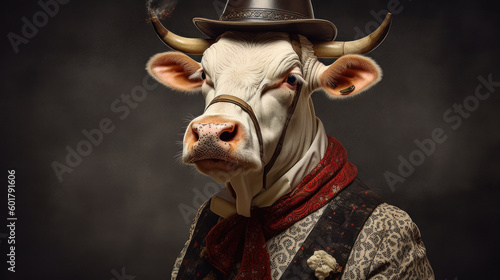 Cow Couture: A Fashion-Forward Bovine Sporting a Stylish Hat. Generative AI