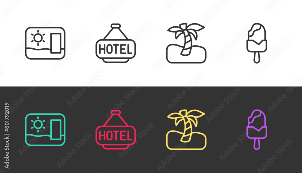 Set line Travel postcard, Signboard with text Hotel, Tropical palm tree and Ice cream on black and white. Vector Set line Travel postcard, Signboard with text Hotel, Tropical palm tree and Ice cream on black and white. Vector
