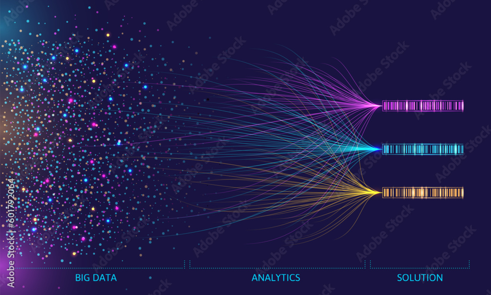 Big data analytics visualization. Digital flow of chaotic data dots