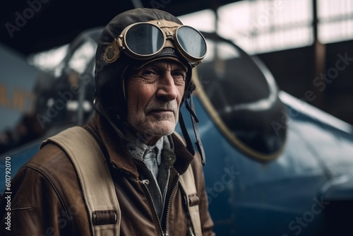 Retired old man pilot with plane. AI generative © vladdeep