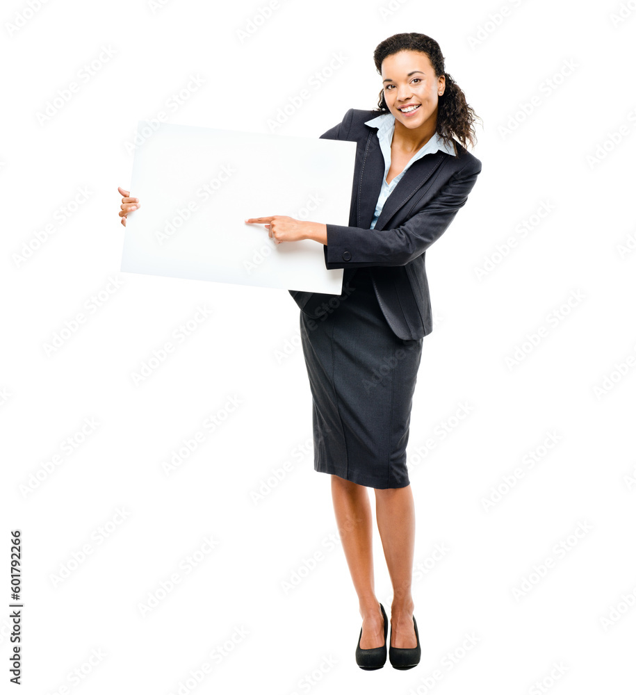 Business woman, hands or pointing at poster promotion, billboard branding mockup or product placement space. Smile, happy and corporate banner paper for worker sales deal on isolated white background Business woman, hands or pointing at poster promotion, billboard branding mockup or product placement space. Smile, happy and corporate banner paper for worker sales deal on isolated white background