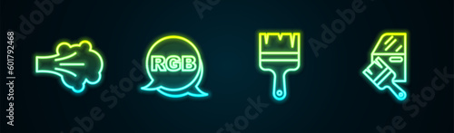 Set line Paint spray, RGB, brush and Car painting. Glowing neon icon. Vector