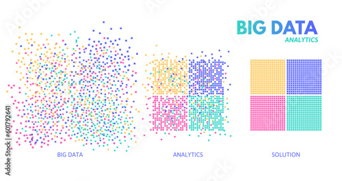 Big data analytics. Chaotic data analysed and sorted to structured solution. Machine learning algorithm visualisation vector concept illustration