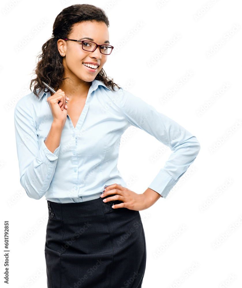 Black woman, pen or glasses portrait on isolated white background in finance growth goals, accounting target or vision. Corporate, business or worker and ideas, financial strategy planning or mock up Black woman, pen or glasses portrait on isolated white background in finance growth goals, accounting target or vision. Corporate, business or worker and ideas, financial strategy planning or mock up