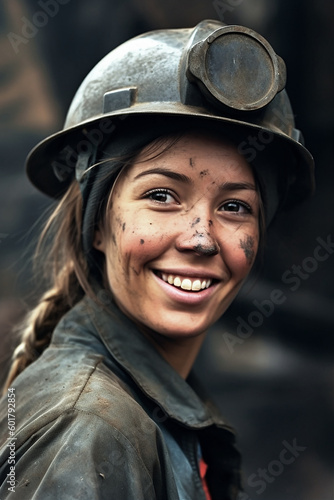Woman Coal mining wokrer in protective helmet © vladdeep