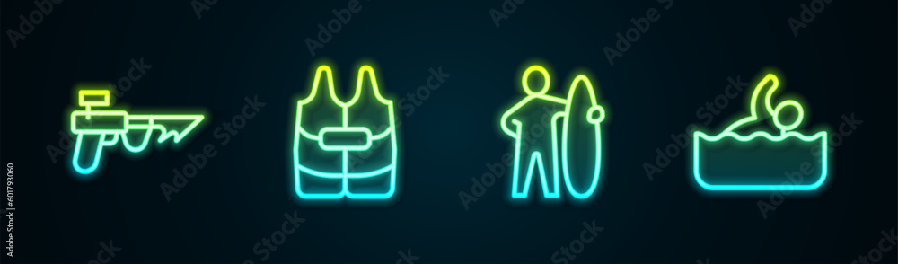 Set line Fishing harpoon, Life jacket, Surfboard and Swimmer. Glowing neon icon. Vector Set line Fishing harpoon, Life jacket, Surfboard and Swimmer. Glowing neon icon. Vector