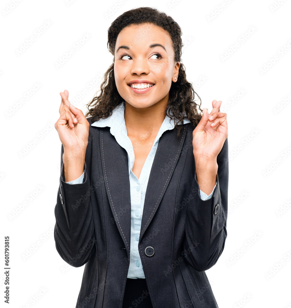 Business woman, excited or fingers crossed on isolated white background in promotion, good luck or news. Smile, happy or corporate and wish hands gesture, winning hope or finance success on mock up Business woman, excited or fingers crossed on isolated white background in promotion, good luck or news. Smile, happy or corporate and wish hands gesture, winning hope or finance success on mock up