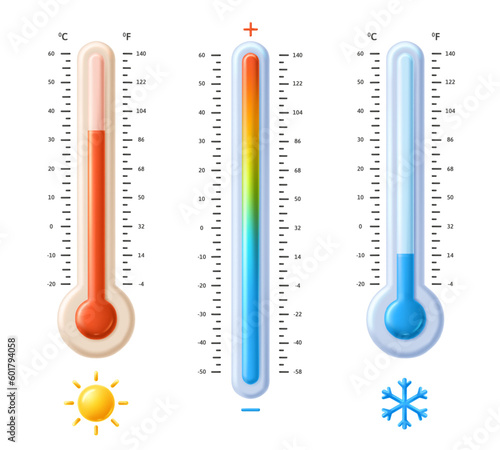 Fahrenheit and celsius thermometers. Temperature spectrum scale with hot sun and cold snowflake icons, weather meteorology measurement flat 3D vector illustration set