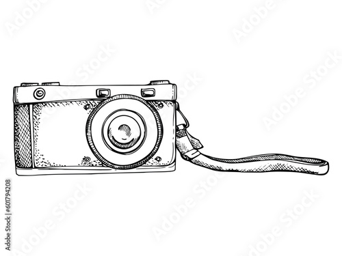 Ink hand drawn vector graphic sketch of isolated object. Old vintage photo camera with a handstrap for holding. Design for tourism, travel, brochure, wedding, guide, print, card, tattoo, professional.